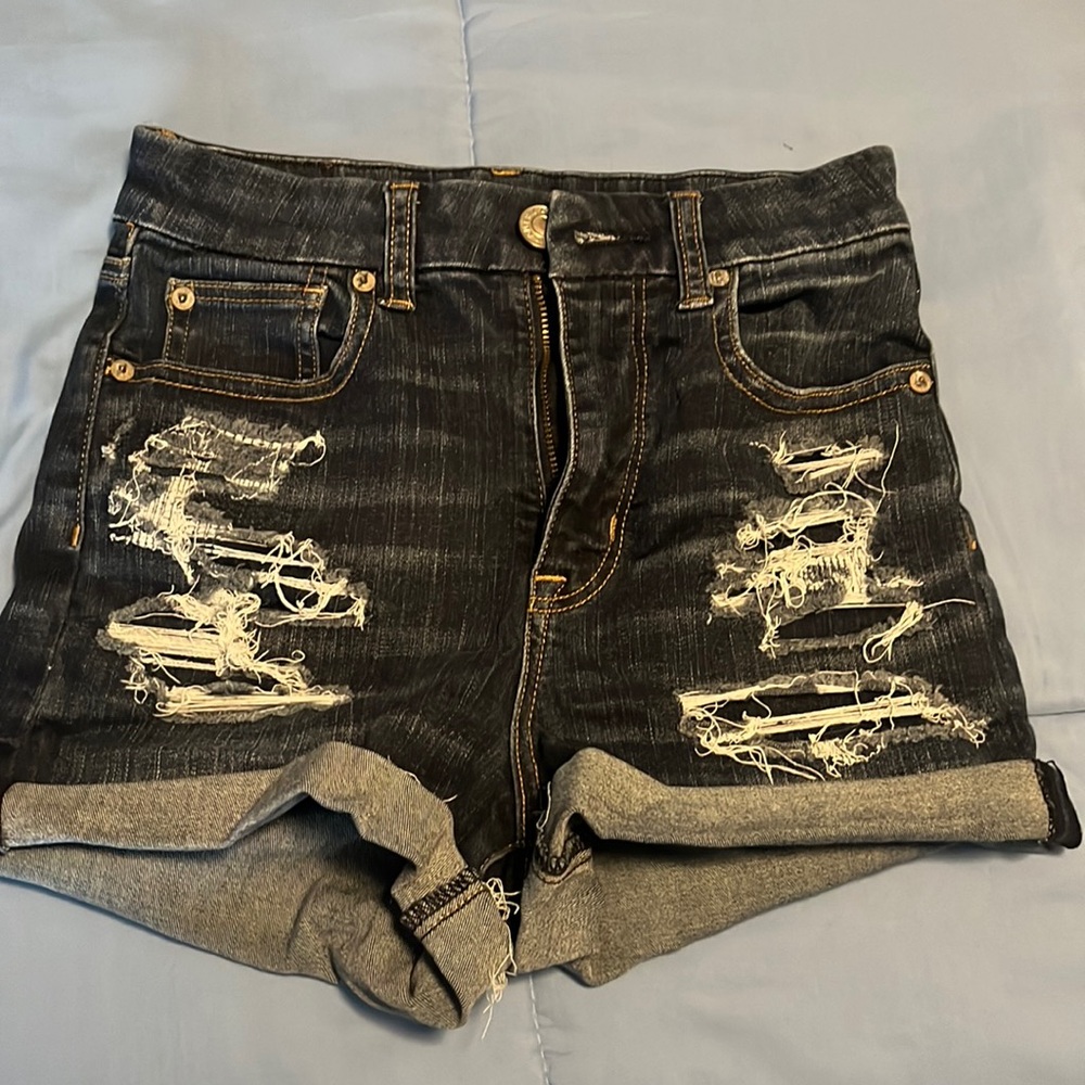 COPY - American eagle size 0 ripped dark denim curvy, high-rise shorts